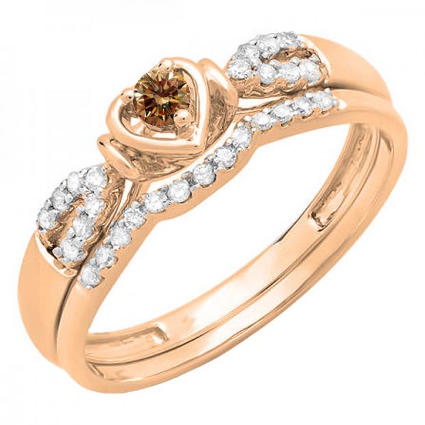 0.25 Carat (ctw) 10k Rose Gold Round Champagne & White Diamond Ladies Heart Shaped Bridal Engagement Ring Matching Band Set 1/4 CT