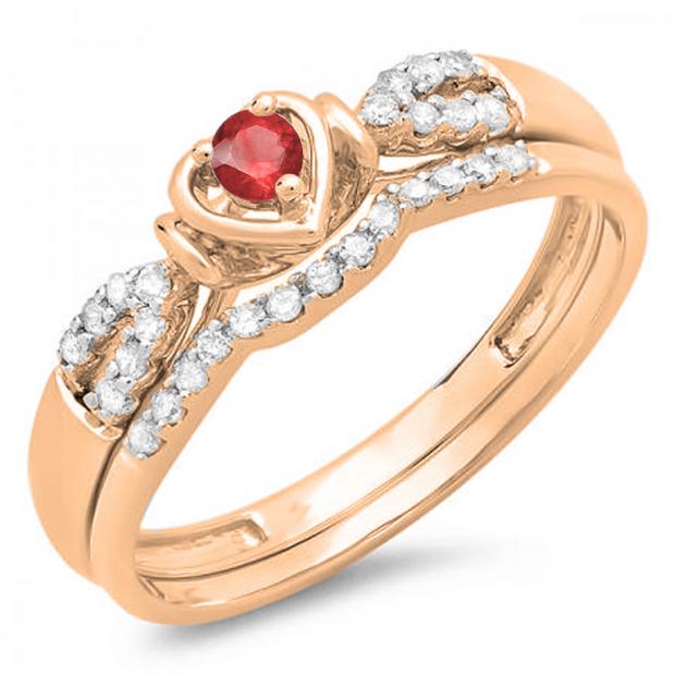 0.25 Carat (ctw) 10k Rose Gold Round Red Ruby & White Diamond Ladies Heart Shaped Bridal Engagement Ring Matching Band Set 1/4 CT