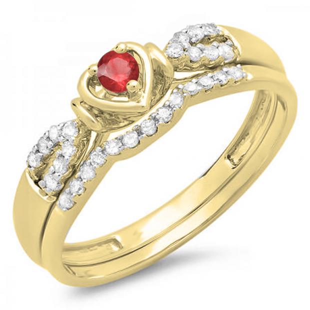 0.25 Carat (ctw) 10k Yellow Gold Round Red Ruby & White Diamond Ladies Heart Shaped Bridal Engagement Ring Matching Band Set 1/4 CT