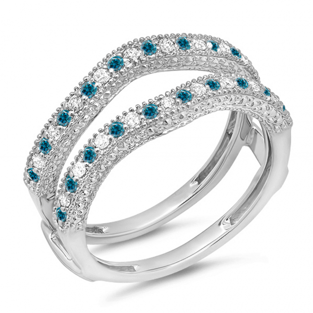0.45 Carat (ctw) 10K White Gold Round Blue & White Diamond Ladies Anniversary Wedding Band Milgrain Guard Double Ring 1/2 CT