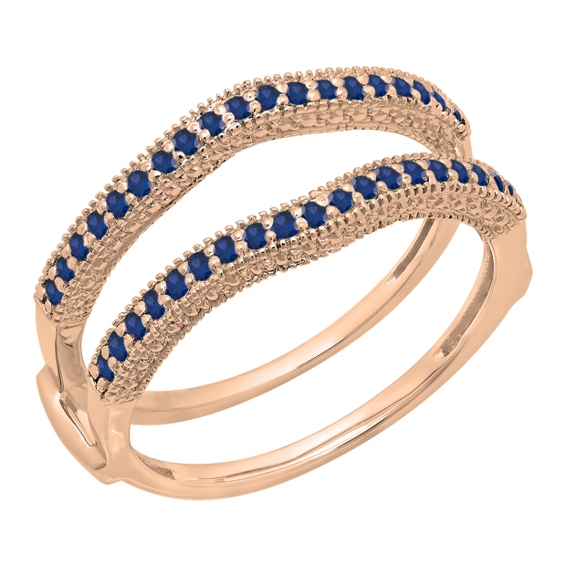 0.45 Carat (ctw) 10K Rose Gold Round Blue Sapphire Ladies Anniversary Wedding Band Milgrain Guard Double Ring 1/2 CT