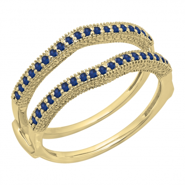 0.45 Carat (ctw) 10K Yellow Gold Round Blue Sapphire Ladies Anniversary Wedding Band Milgrain Guard Double Ring 1/2 CT
