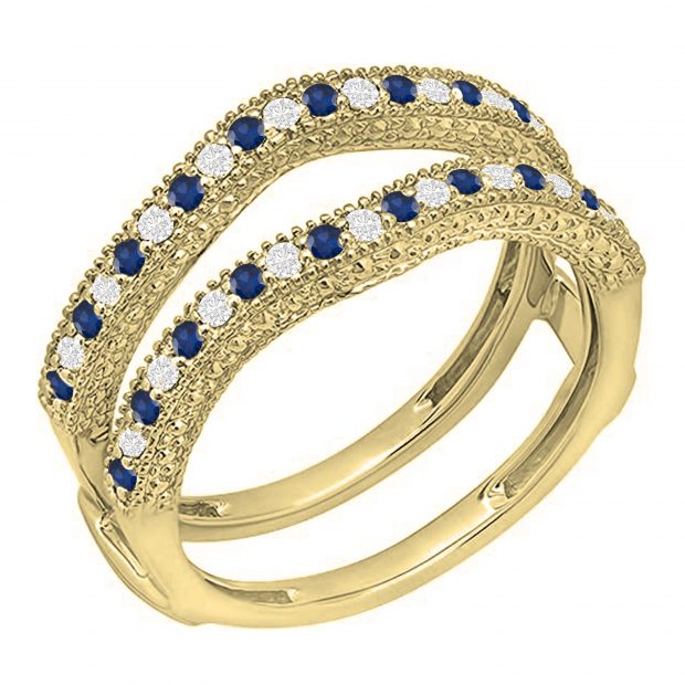 0.45 Carat (ctw) 10K Yellow Gold Round Blue Sapphire & White Diamond Ladies Anniversary Wedding Band Milgrain Guard Double Ring 1/2 CT