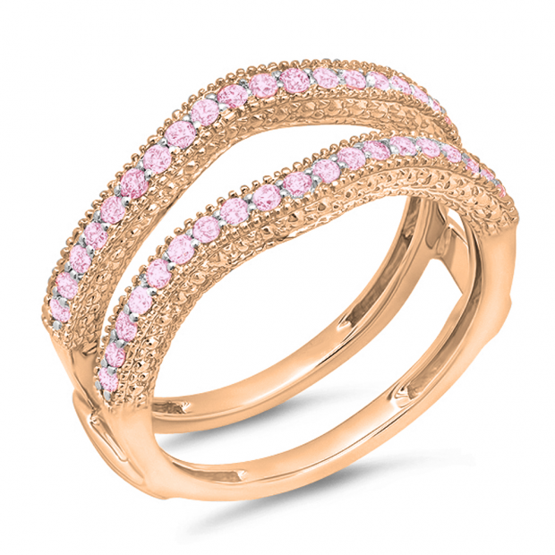 0.45 Carat (ctw) 10K Rose Gold Round Pink Sapphire Ladies Anniversary Wedding Band Milgrain Guard Double Ring 1/2 CT