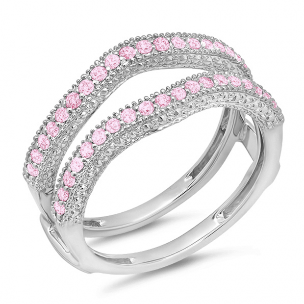 0.45 Carat (ctw) 18K White Gold Round Pink Sapphire Ladies Anniversary Wedding Band Milgrain Guard Double Ring 1/2 CT