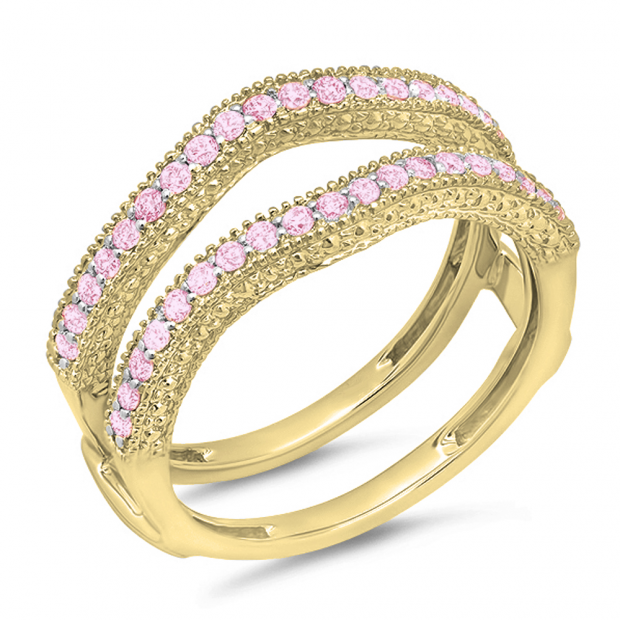 0.45 Carat (ctw) 18K Yellow Gold Round Pink Sapphire Ladies Anniversary Wedding Band Milgrain Guard Double Ring 1/2 CT