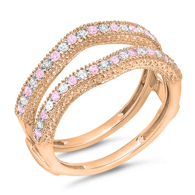 0.45 Carat (ctw) 18K Rose Gold Round Pink Sapphire & White Diamond Ladies Anniversary Wedding Band Milgrain Guard Double Ring 1/2 CT
