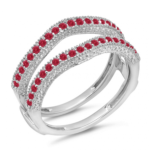 0.45 Carat (ctw) 10K White Gold Round Red Ruby Ladies Anniversary Wedding Band Milgrain Guard Double Ring 1/2 CT