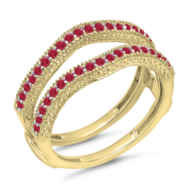 0.45 Carat (ctw) 14K Yellow Gold Round Red Ruby Ladies Anniversary Wedding Band Milgrain Guard Double Ring 1/2 CT