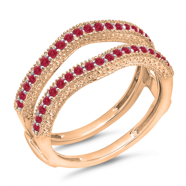 0.45 Carat (ctw) 18K Rose Gold Round Red Ruby Ladies Anniversary Wedding Band Milgrain Guard Double Ring 1/2 CT