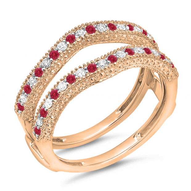 0.45 Carat (ctw) 10K Rose Gold Round Red Ruby & White Diamond Ladies Anniversary Wedding Band Milgrain Guard Double Ring 1/2 CT