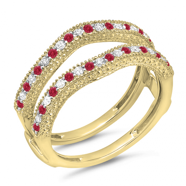 0.45 Carat (ctw) 10K Yellow Gold Round Red Ruby & White Diamond Ladies Anniversary Wedding Band Milgrain Guard Double Ring 1/2 CT