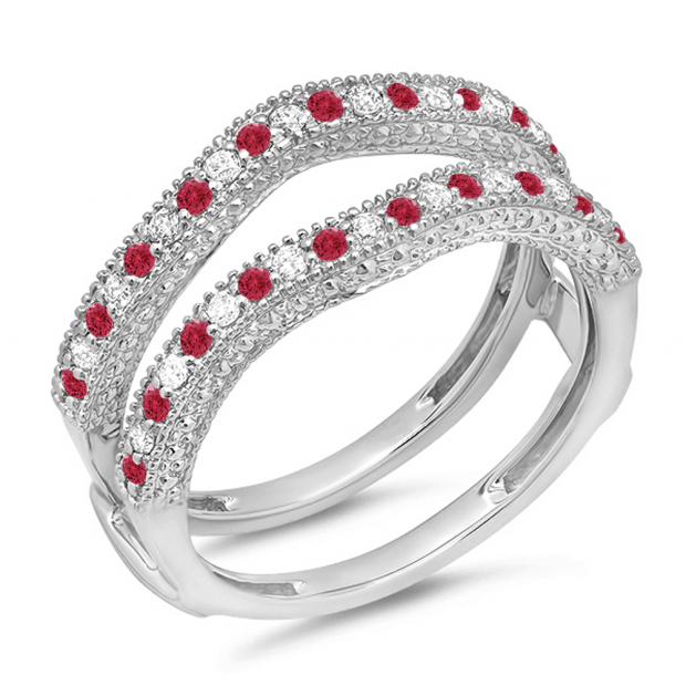 0.45 Carat (ctw) 18K White Gold Round Red Ruby & White Diamond Ladies Anniversary Wedding Band Milgrain Guard Double Ring 1/2 CT