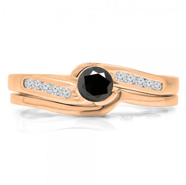 0.50 Carat (ctw) 10K Rose Gold Round Black & White Diamond Ladies Bridal Engagement Ring Set Matching Band 1/2 CT