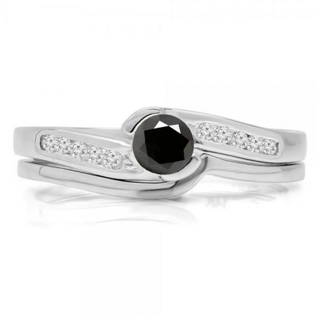 0.50 Carat (ctw) 14K White Gold Round Black & White Diamond Ladies Bridal Engagement Ring Set Matching Band 1/2 CT