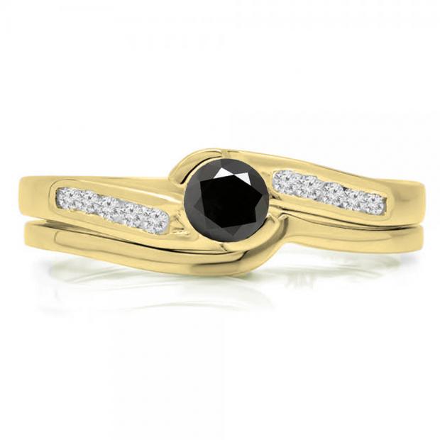0.50 Carat (ctw) 14K Yellow Gold Round Black & White Diamond Ladies Bridal Engagement Ring Set Matching Band 1/2 CT