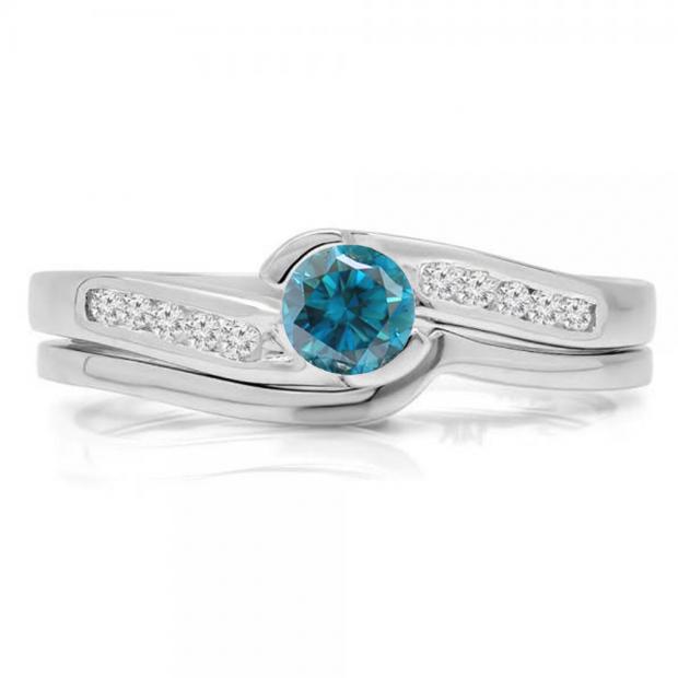 0.50 Carat (ctw) 18K White Gold Round Blue & White Diamond Ladies Bridal Engagement Ring Set Matching Band 1/2 CT
