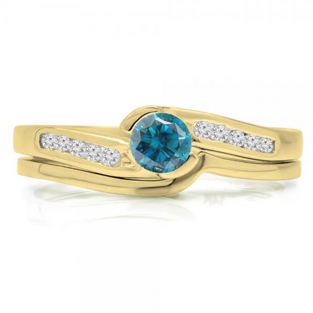0.50 Carat (ctw) 18K Yellow Gold Round Blue & White Diamond Ladies Bridal Engagement Ring Set Matching Band 1/2 CT
