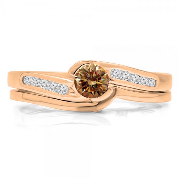 0.50 Carat (ctw) 10K Rose Gold Round Champagne & White Diamond Ladies Bridal Engagement Ring Set Matching Band 1/2 CT