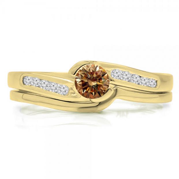 0.50 Carat (ctw) 10K Yellow Gold Round Champagne & White Diamond Ladies Bridal Engagement Ring Set Matching Band 1/2 CT