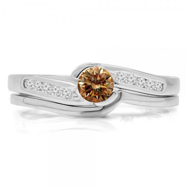 0.50 Carat (ctw) 14K White Gold Round Champagne & White Diamond Ladies Bridal Engagement Ring Set Matching Band 1/2 CT