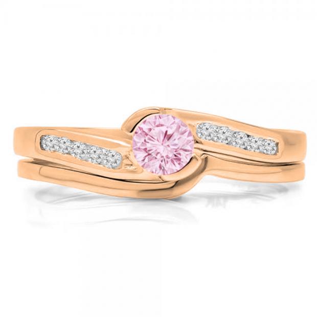 0.50 Carat (ctw) 10K Rose Gold Round Pink Sapphire & White Diamond Ladies Bridal Engagement Ring Set Matching Band 1/2 CT