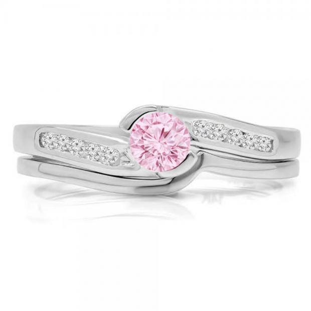 0.50 Carat (ctw) 10K White Gold Round Pink Sapphire & White Diamond Ladies Bridal Engagement Ring Set Matching Band 1/2 CT