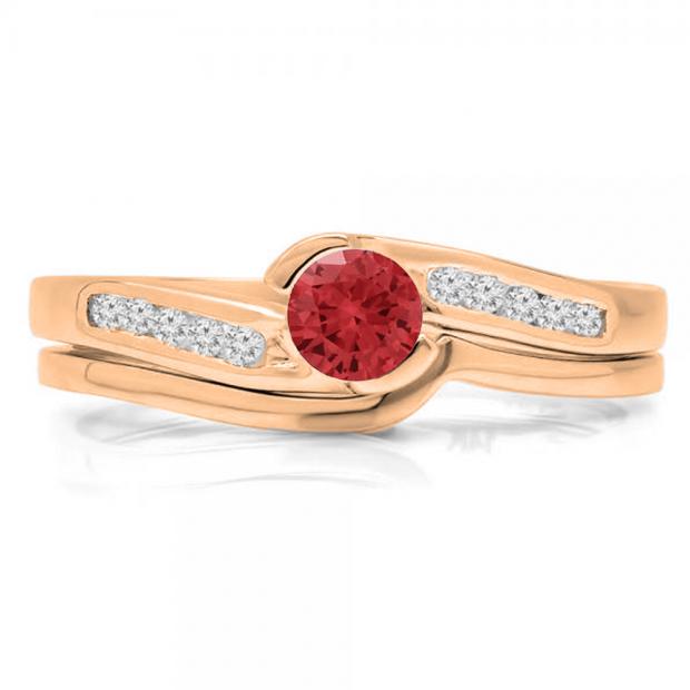 0.50 Carat (ctw) 10K Rose Gold Round Red Ruby & White Diamond Ladies Bridal Engagement Ring Set Matching Band 1/2 CT