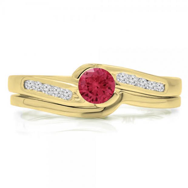 0.50 Carat (ctw) 10K Yellow Gold Round Red Ruby & White Diamond Ladies Bridal Engagement Ring Set Matching Band 1/2 CT