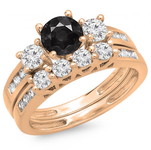 1.80 Carat (ctw) 10K Rose Gold Round Black & White Diamond Ladies Bridal 3 Stone Engagement Ring With Matching Band Set