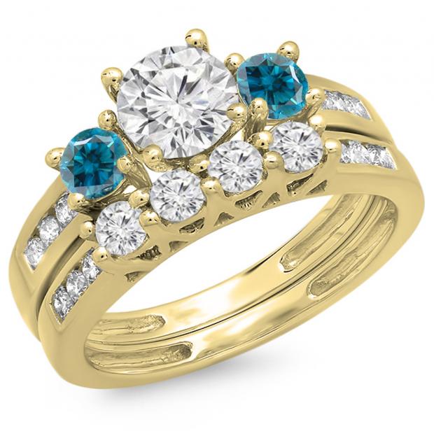 1.80 Carat (ctw) 14K Yellow Gold Round Blue & White Diamond Ladies Bridal 3 Stone Engagement Ring With Matching Band Set