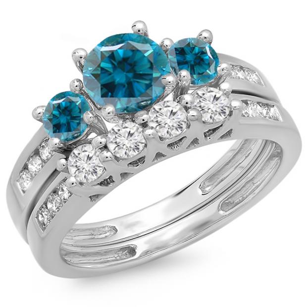1.80 Carat (ctw) 14K White Gold Round Blue & White Diamond Ladies Bridal 3 Stone Engagement Ring With Matching Band Set
