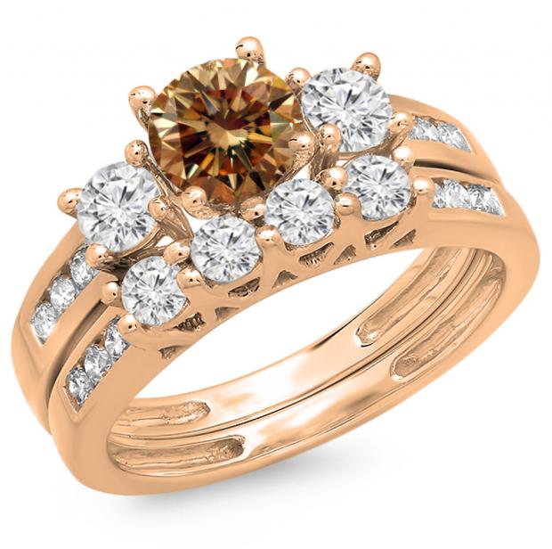 1.80 Carat (ctw) 10K Rose Gold Round Champagne & White Diamond Ladies Bridal 3 Stone Engagement Ring With Matching Band Set
