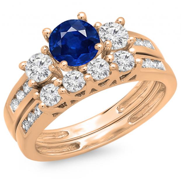 1.80 Carat (ctw) 10K Rose Gold Round Blue Sapphire & White Diamond Ladies Bridal 3 Stone Engagement Ring With Matching Band Set