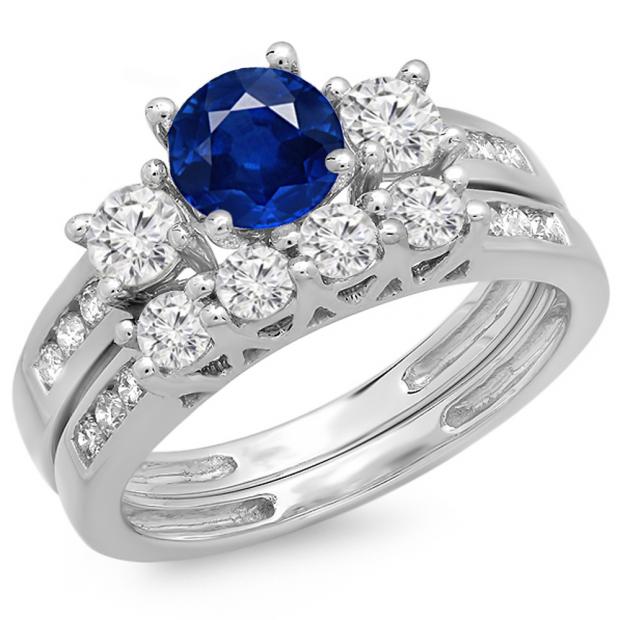 1.80 Carat (ctw) 10K White Gold Round Blue Sapphire & White Diamond Ladies Bridal 3 Stone Engagement Ring With Matching Band Set