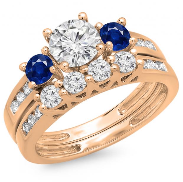 1.80 Carat (ctw) 10K Rose Gold Round Blue Sapphire & White Diamond Ladies Bridal 3 Stone Engagement Ring With Matching Band Set