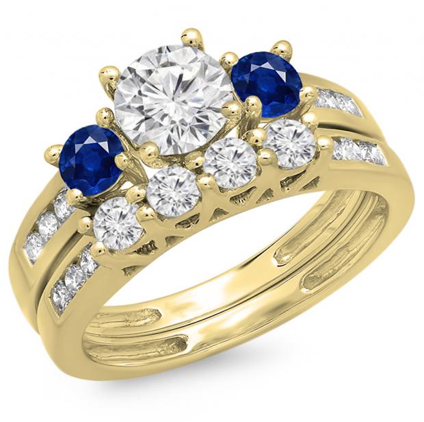 1.80 Carat (ctw) 10K Yellow Gold Round Blue Sapphire & White Diamond Ladies Bridal 3 Stone Engagement Ring With Matching Band Set