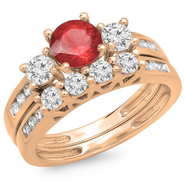 1.80 Carat (ctw) 10K Rose Gold Round Red Ruby & White Diamond Ladies Bridal 3 Stone Engagement Ring With Matching Band Set