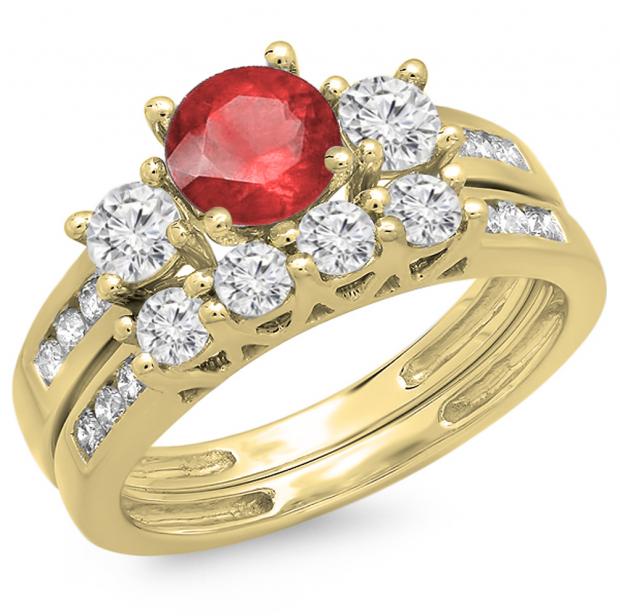 1.80 Carat (ctw) 10K Yellow Gold Round Red Ruby & White Diamond Ladies Bridal 3 Stone Engagement Ring With Matching Band Set