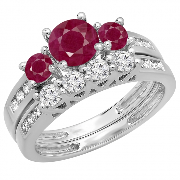 1.80 Carat (ctw) 10K White Gold Round Red Ruby & White Diamond Ladies Bridal 3 Stone Engagement Ring With Matching Band Set