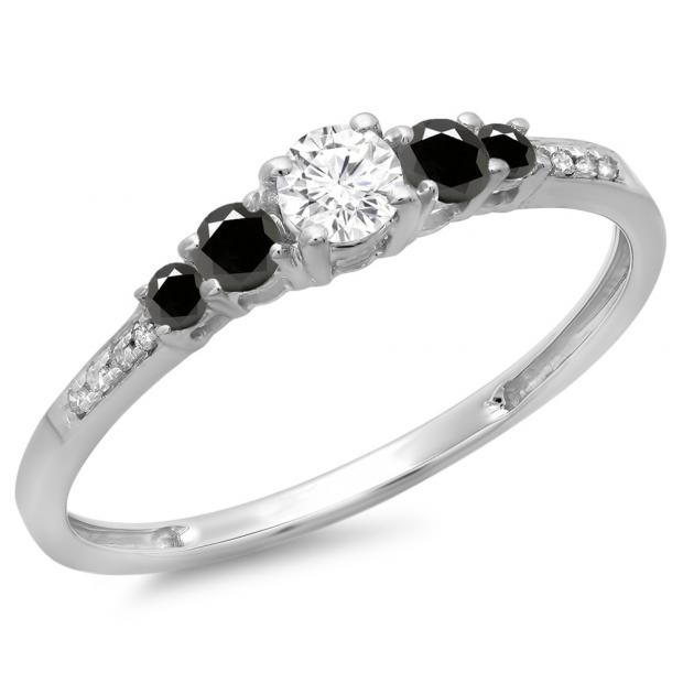 0.40 Carat (ctw) 14K White Gold Round Cut Black & White Diamond Ladies Bridal 5 Stone Engagement Ring