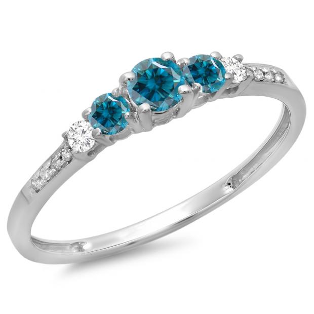 0.40 Carat (ctw) 14K White Gold Round Cut Blue & White Diamond Ladies Bridal 5 Stone Engagement Ring