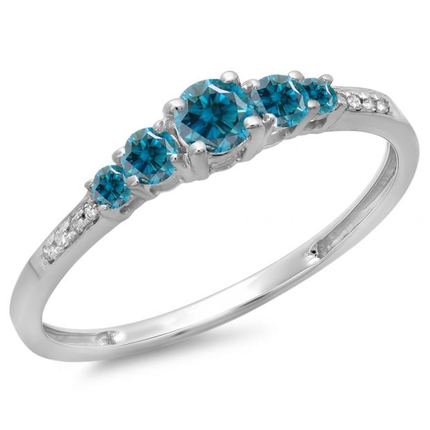 0.40 Carat (ctw) 14K White Gold Round Cut Blue & White Diamond Ladies Bridal 5 Stone Engagement Ring