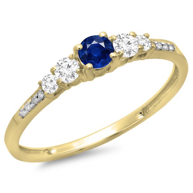 0.40 Carat (ctw) 10K Yellow Gold Round Cut Blue Sapphire & White Diamond Ladies Bridal 5 Stone Engagement Ring