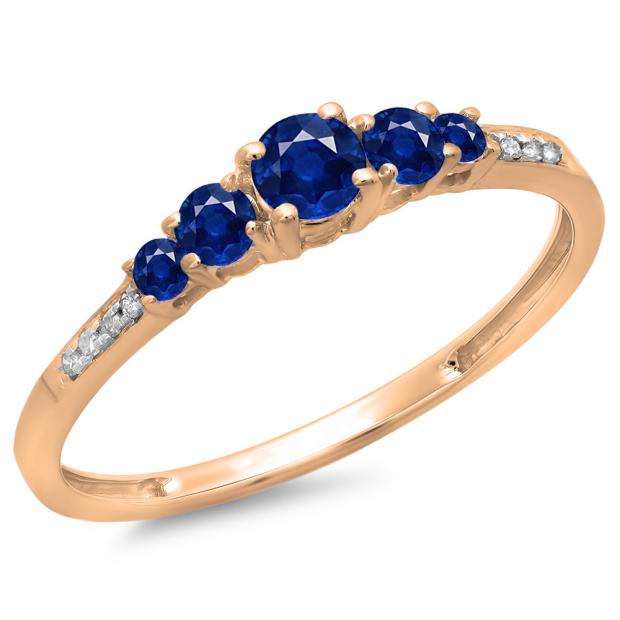 0.40 Carat (ctw) 14K Rose Gold Round Cut Blue Sapphire & White Diamond Ladies Bridal 5 Stone Engagement Ring