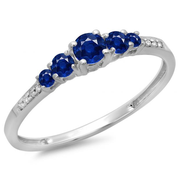 0.40 Carat (ctw) 14K White Gold Round Cut Blue Sapphire & White Diamond Ladies Bridal 5 Stone Engagement Ring