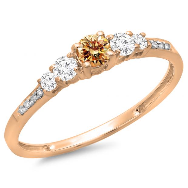 0.40 Carat (ctw) 10K Rose Gold Round Cut Champagne & White Diamond Ladies Bridal 5 Stone Engagement Ring