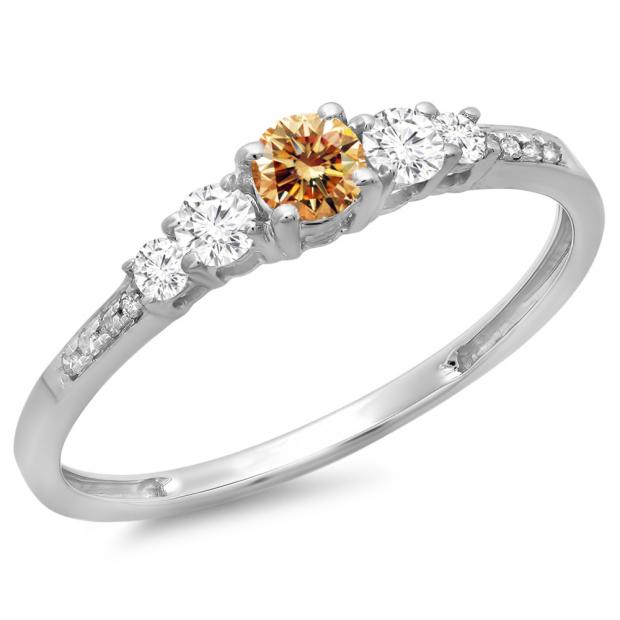 0.40 Carat (ctw) 14K White Gold Round Cut Champagne & White Diamond Ladies Bridal 5 Stone Engagement Ring