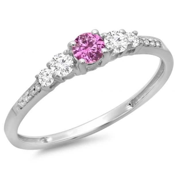 0.40 Carat (ctw) 10K White Gold Round Cut Pink Sapphire & White Diamond Ladies Bridal 5 Stone Engagement Ring
