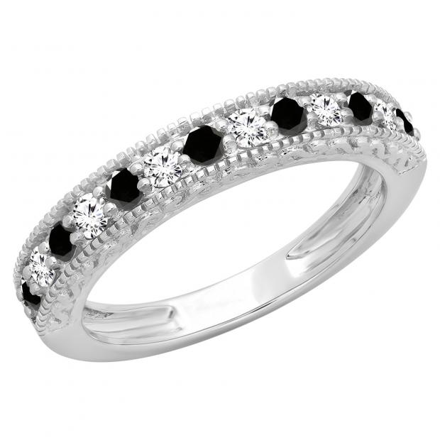 0.55 Carat (ctw) 10K White Gold Round Cut Black & White Diamond Ladies Milgrain Anniversary Wedding Stackable Band 1/2 CT